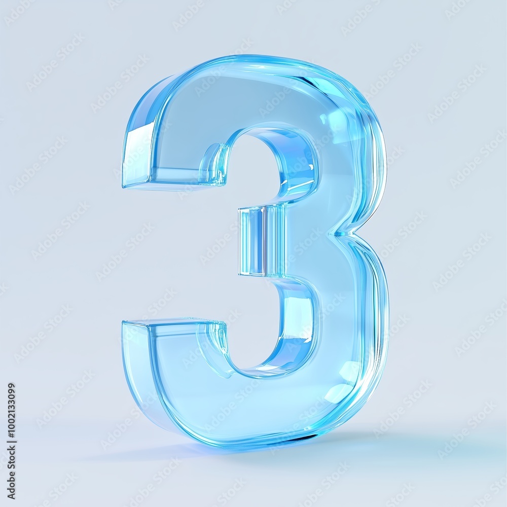 Poster a three-dimensional light blue number three on a plain background showcasing modern design elements 