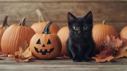 A 'Welcome Halloween' sign with a sweet black cat and a smiling jack-o'-lantern, both in an adorable, heartwarming style, surrounded by pumpkins