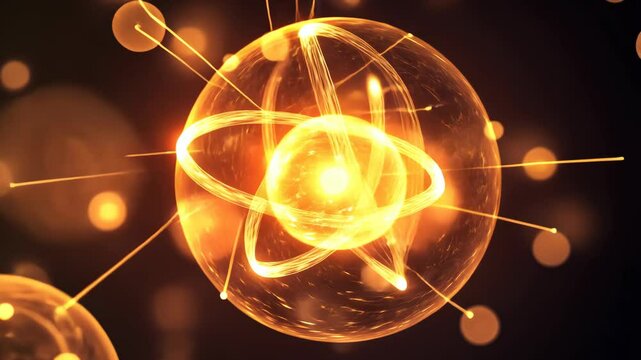 A glowing, spherical atom with a bright core and orbiting electrons is depicted in this digital illustration