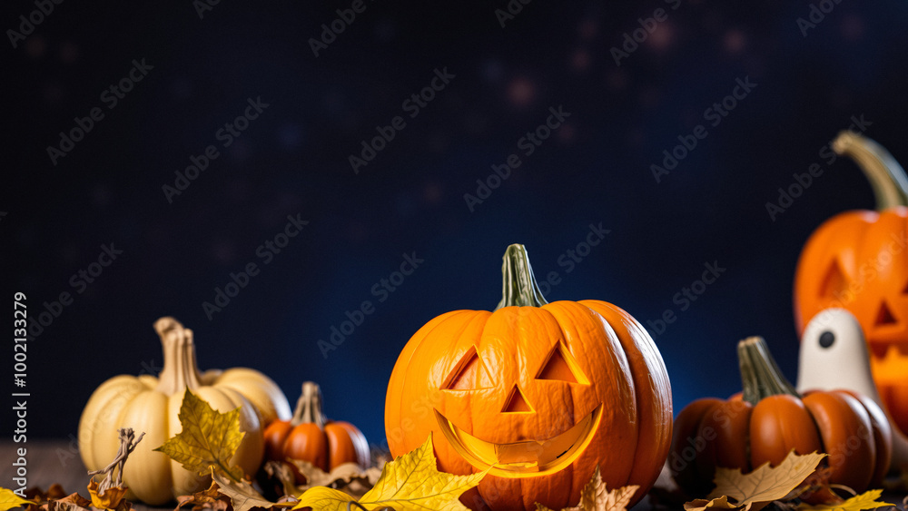 Poster Happy Halloween Pumpkin with Leaves