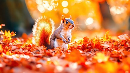 Cute squirrel standing on hind legs on autumn leaves background