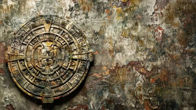A close-up of an ancient Aztec calendar carved into a stone wall