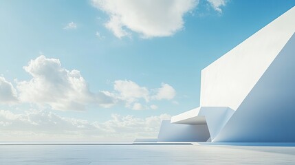 3D render of a modern abstract geometric shapes futuristic architecture with a car park, and empty concrete floor on a blue sky background. Modern white abstract for product presentation, or display.