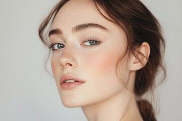 Elegant woman with natural makeup and demure expression.