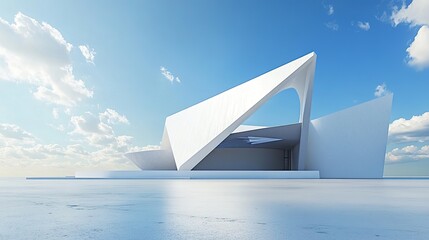 3D render of a modern abstract geometric shapes futuristic architecture with a car park, and empty concrete floor on a blue sky background. Modern white abstract for product presentation, or display.