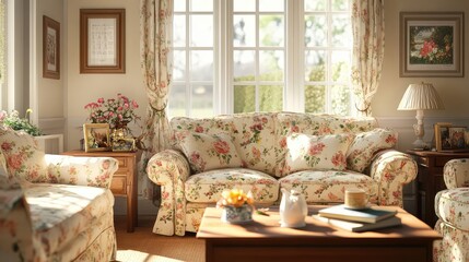 Fototapeta premium Classic English countryside living room with floral patterns, soft pastels, and cozy wooden furniture.