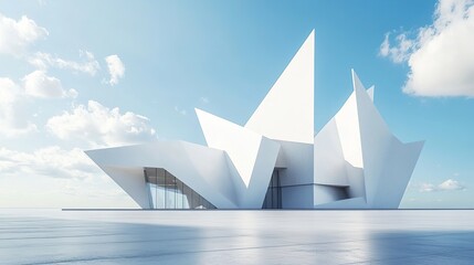 3D render of a modern abstract geometric shapes futuristic architecture with a car park, and empty concrete floor on a blue sky background. Modern white abstract for product presentation, or display.