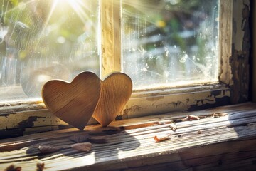 Hand-Carved Wooden Hearts in Sunlight Creating Cozy Rustic Romantic Decor






