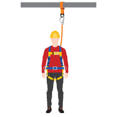 Front view of man worker with full body harness connect to the upper head anchorage strap point for fall prevention when work at height safety requirements. Vector illustration.