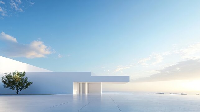 3D render of a modern minimalist abstract futuristic architecture with a car park, and empty concrete floor on a blue sky background. Modern white abstract shapes for product presentation, or display.