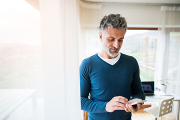 Homeoffice for handsome man. Man working in his office in home, scrolling on smartphone. Telecommuting.
