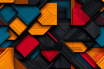 A colorful abstract design with black and red squares and blue squares. The squares are arranged in a way that creates a sense of movement and energy. The colors are bright and bold