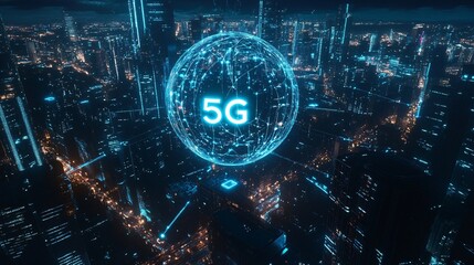 5G network visualization, city skyline.