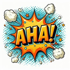Comic style speech bubble with the word Aha surrounded by clouds and stars in an explosive design, isolated on white background. Pop art illustration for posters, banners, and prints