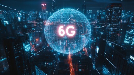Futuristic cityscape showcasing 6G technology.