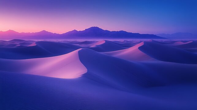 A desert with large dunes. The sun has already set. The lighting is violet and blue. 