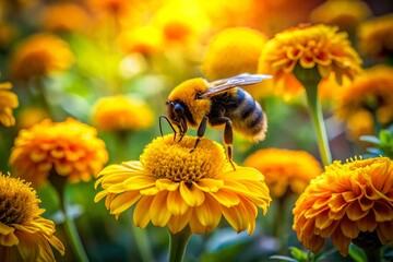 Bumblebee Collecting Pollen from Vibrant Yellow Flower in a Lush Garden Environment