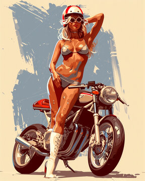 A woman is posing on a motorcycle. The motorcycle is red and white. The woman is wearing a bikini and white boots