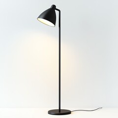 Minimalist black floor lamp on a white isolated background, perfect for modern interior design.
