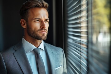 Fototapeta premium Contemplative businessman finding serenity at office window, managing anxiety through mindful reflection.