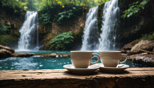 Caf&eacute; avec vue sur une cascade