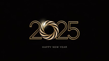 Golden 2025 Happy New Year Greeting with a Spiral Design on a Black Background.