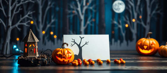 Halloween Tabletop Scene with Jack-O-Lantern, Spooky House, and Candy