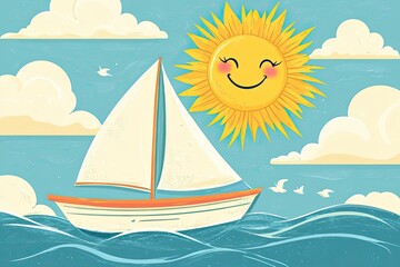 Naklejka premium A Smiling Sun Over a White Sailboat in the Ocean