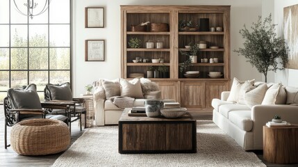 Obraz premium Contemporary farmhouse living room with reclaimed wood furniture, cozy decor, and a neutral color palette.