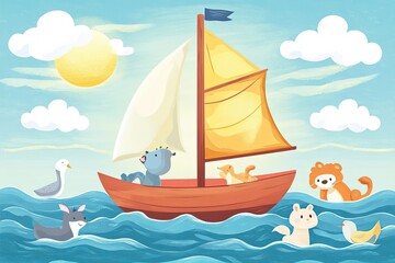 Naklejka premium Animals Sailing on a Boat in the Ocean