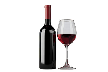 Bottle of wine with a glass of red wine standing next to it on a transparent background