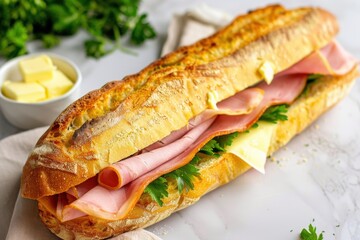 A classic French baguette sandwich with ham, cheese, and butter