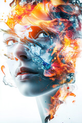 Fototapeta premium A surreal portrait of a young woman with intense, colorful abstract elements swirling around her face.