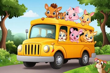 Cartoon animals riding a yellow bus through a forest