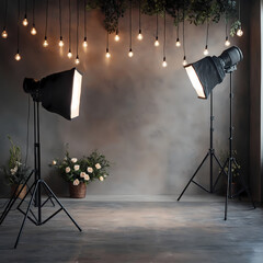 Minimalist photography studio with softbox lighting and festive string lights, creating a nice Christmas-themed background, ideal for seasonal photo shoots.