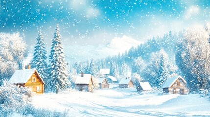 Fototapeta premium Snow falling on a peaceful village in winter wonderland