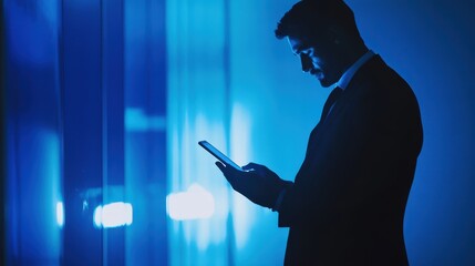 Business Professional Using Tablet in Modern Office with Blue Lighting