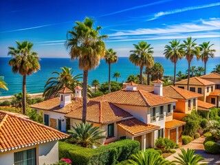 Fototapeta premium Charming Mediterranean Beach Cottages with Tiled Roofs and Palm Trees Under a Clear Blue Sky