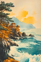 Sea waves crash against cliffs near traditional Japanese house.