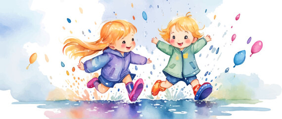 Obraz premium Kids in kindergarten play with their favorite rain playing garden, children drawings. watercolor banner. Funny cartoon characters. Vector illustration. Isolated on white background