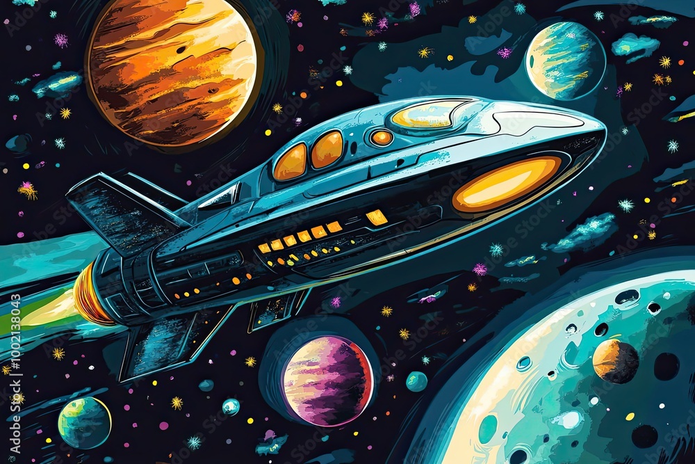 Poster a spaceship flies through a field of stars and planets.