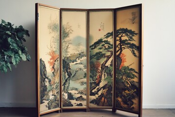 Ancient Japanese screen with mountain landscape