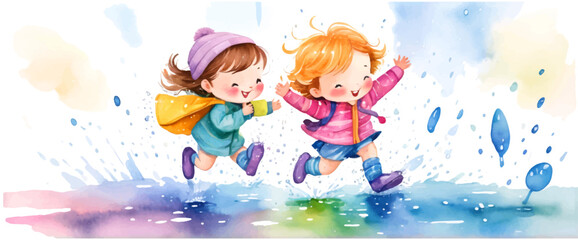 Kids in kindergarten play with their favorite rain playing garden, children drawings. watercolor banner. Funny cartoon characters. Vector illustration. Isolated on white background