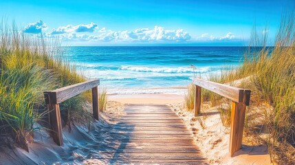 Fototapeta premium Wooden path leading to turquoise ocean beach on sunny summer day