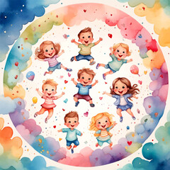 Cute children's fabric seamless pattern, flowers and leaf, stars, speech bubble, line. Hand drawn funny simple vector illustration. white background. Watercolor style for wallpaper,