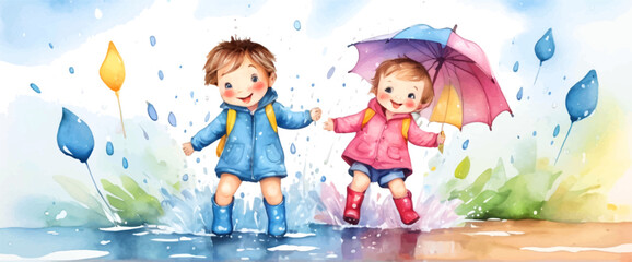 Kids in kindergarten play with their favorite rain playing garden, children drawings. watercolor banner. Funny cartoon characters. Vector illustration. Isolated on white background