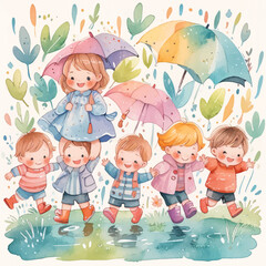 Kids in kindergarten play with their favorite rain playing garden, children drawings. watercolor banner. Funny cartoon characters. Vector illustration. Isolated on white background
