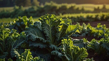 Organic Lush green kale field growing in the early morning sunlight. Vibrant Green Fields of Leafy Vegetables at Sunrise
