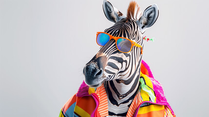 Obraz premium White Background Zebra in Stylish Clothing and Bright Sunglasses