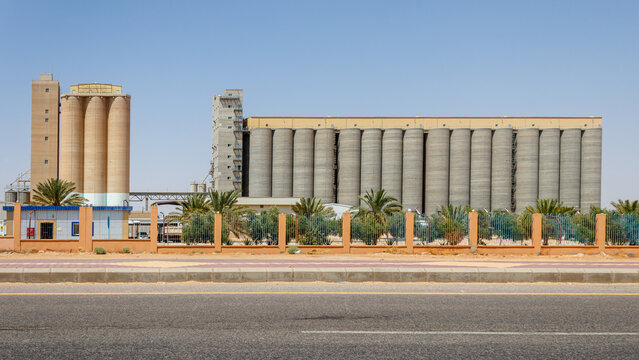 Architecture in construction, exterior facade of Saudi Arabia's General Grain Organization, grain silos and flour mills in Sakaka Al-Jawf region, on August 28, 2024